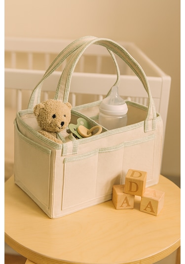 Anne Bebek Kalın Keçe Bakım Çantası Yenidoğan Için Organizer Düzenleyici Çok Amaçlı Krem Yeşil Overlok Detay