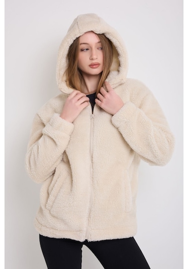 Kadın Ekru Peluş Rüzgar Geçirmez Welsoft Çift Cepli Kapüşonlu Kışlık Mont Ekru