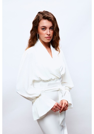 Sateen Kol Aksesuar Detaylı Bluz - Ekru-133704 Ekru