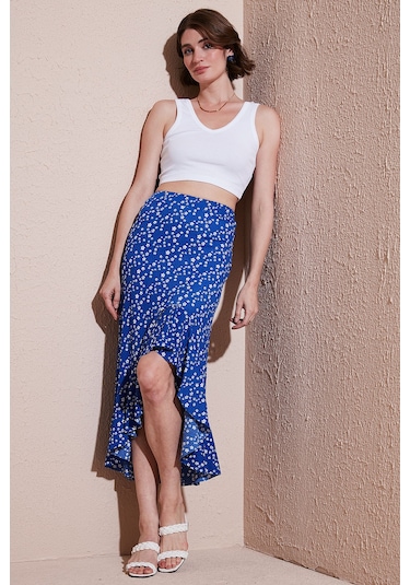 Lela Çiçek Desenli Regular Fit Volanlı Yüksek Bel Midi Boy Yırtmaçlı Bayan Etek 5869012 Saks