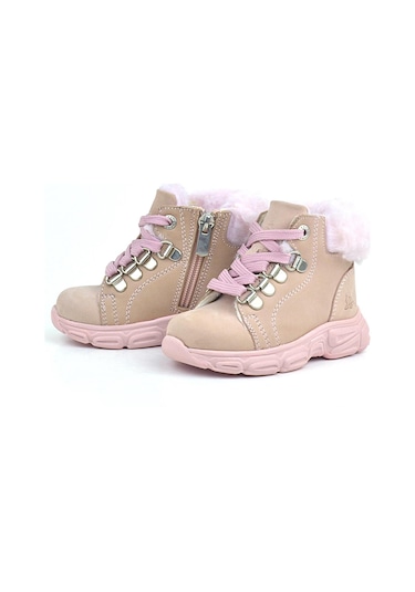 Rakerplus Hakiki Deri Pudra Pembe Fermuarlı Kışlık Kız Bebek Bot Ayakkabı Pembe