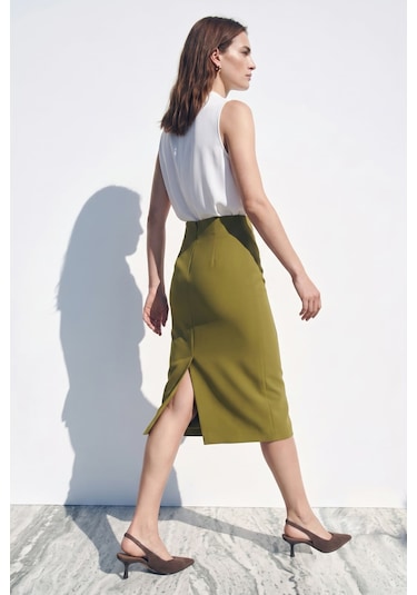 Sateen Düz Kalem Etek - Yağ Yeşili-137385