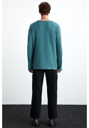 Lorenzo  Erkek Özel Rustik Dokulu %100 Organik Pamuk Düğme Detaylı Regular Yeşil Sweatshirt