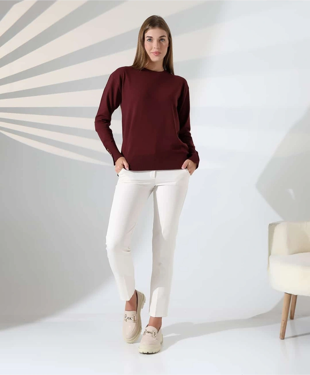 Gündelik Şıklık Kol Düğme Detay Triko Kazak Bordo