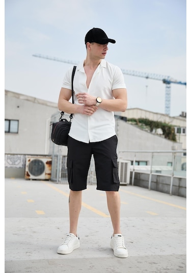 Siyah Renk Kargo Cepli Paraşüt Kumaş Erkek Şort-1555 Siyah
