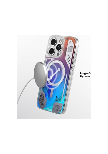 İphone 16 Pro Uyumlu Kılıf Magsafe Özellikli Parlak Kumlu Sıvılı Tasarımlı Galaxy Fantasy Serisi Kapak Mavi