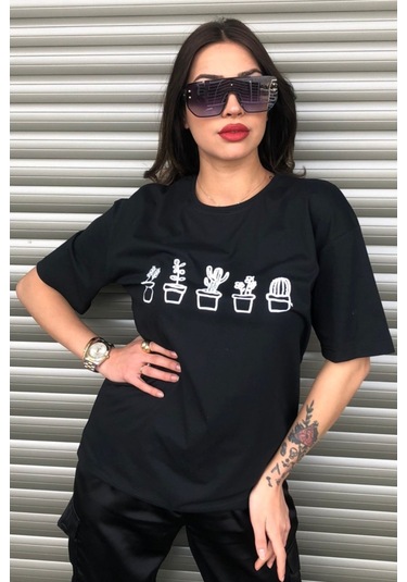 Modagen Kaktüs Baskılı Siyah Kadın Oversize T-shirt K Siyah