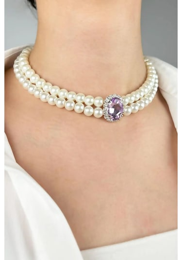 Kristal Uçlu İnci Choker Kolye - Mor Çok renkli