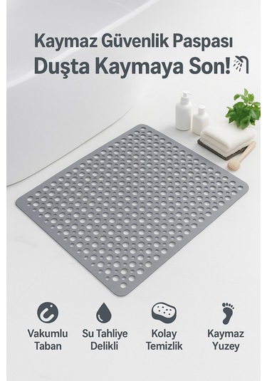 36x66 Cm Kaymaz Vantuzlu Duş Ve Banyo Zemin Matı Su Geçirmez, Güvenli Kaydırmaz Mat Antrasit