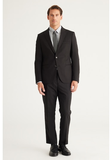 AC&Co / Altınyıldız Classics ERKEK SIYAH Ekstra Slim Fit Dar Kesim Kırlangıç Yaka Takım Elbise Siyah