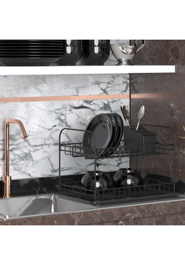 Teknotel İki Katlı Tabaklık Bulaşıklık Mat Siyah Kb007