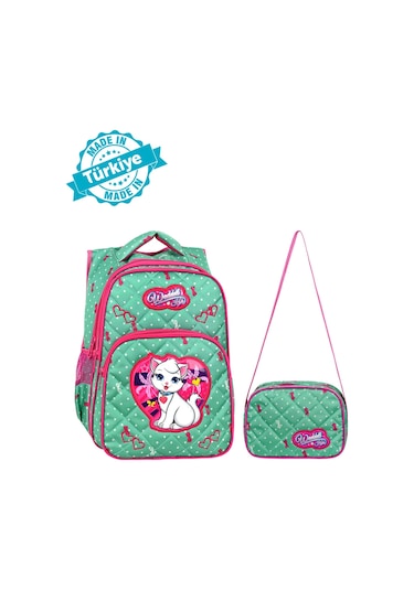 Waddell Lisanslı Mint Yeşili Kedi Desenli Emboos İlköğretim Okul Sırt Çantası Ve Beslenme Çantası