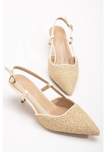 Kadın Kısa Topuklu Ayakkabı Bej Hasır Malzeme İnce Topuk Yan Direkli-3796 Bej