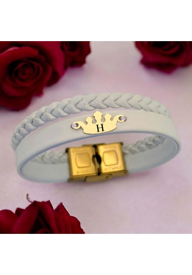 Archin H Harfine Özel Hakiki Beyaz Derili Taç Motifli 14 Ayar Altın Plakalı Hediye Bileklik-645harf H