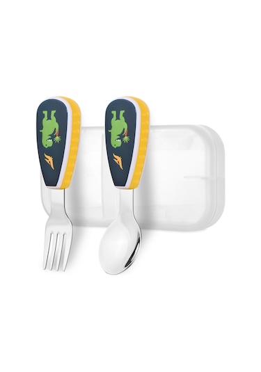 Moveevo 12+ Ay Bebekler İçin Çelik Çatal Kaşık Seti, Dinozor Desenli, Pp Kollü, Saklama Kutusuyla Çok Renkli