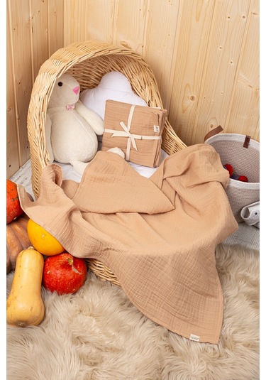 Kahverengi 2 Katlı Müslin Örtü Seti 2 Li 75x75 CM Krem