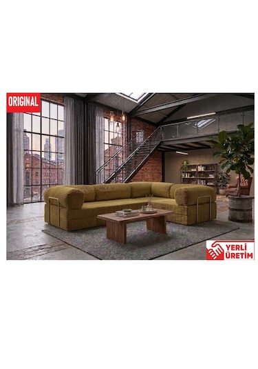 Herev Max 300x200 Kk Köşe Koltuk Takımı / Fitilli Kadife Kumaşlı Şark Köşe Hardal