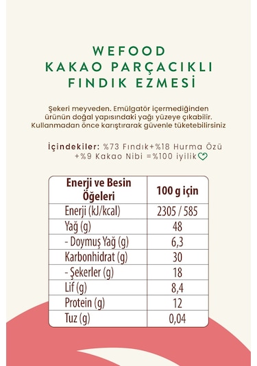 Wefood Kakao Nibli Hurmalı Fındık Ezmesi 200 gr