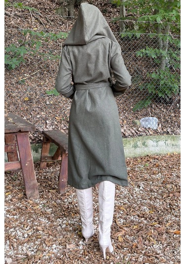 Haki Kruvaze Yaka, Kapüşonlu, Çift Cepli, Beli Kemerli, Uzun Kaşe Kaban Astarsız Haki