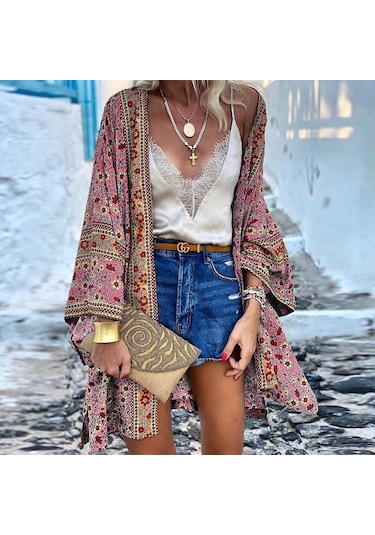 Kadın Günlük Önü Açık Hırka Tatil Plaj Bikini Cover Up Yaz Kimono Pembe