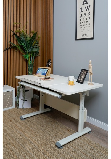 Vega Basic Yükseklik Ve Eğim Ayarlı Ekru Çalışma Masası, Çekmeceli Bilgisayar Ve Ofis Masası, Gri Gri