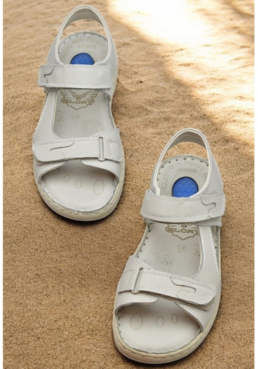 088 Topuk Jelli Tam Ortopedik Taban Hakiki Deri Erkek Sandalet Cırtlı Sandalet Bej