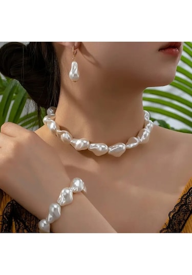 Şık Zarif Elegant Barok Inci Set Kolye Bileklik Küpe Beyaz