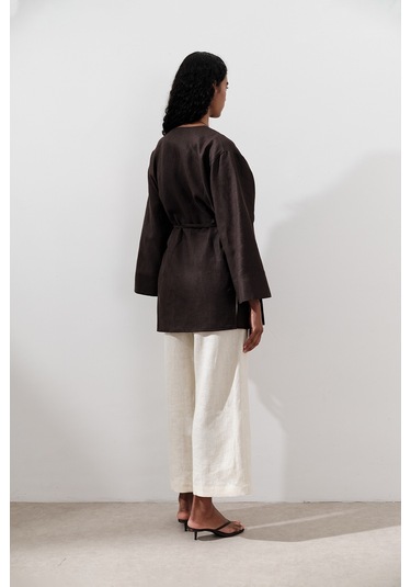 Keten Kruvaze Kapama Kimono Acı Kahve Acı Kahve