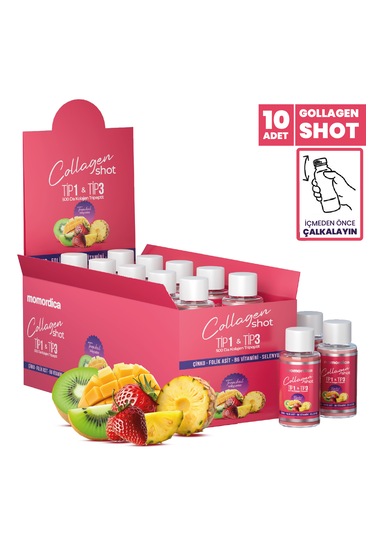 Momordica Kolajen Shot Tripeptit 500 Da Tip 1 & Tip 3, Selenyum, Çinko, Folik Asit, B6 Vitamini - 10 Adet