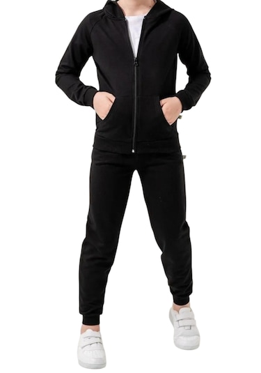 Erkek Çocuk /kız Çocuk Düz Siyah Renk Fermuar Kapamalı Eşofman Takımı Siyah