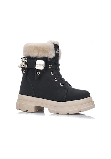 Günlük Çocuk Kışlık Spor Bot Kürklü Bağcıklı Fermuarlı Desenlı Taban Ayakkabı F200 Siyah