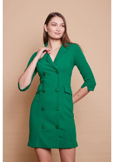 Yakalı Sırt Dekolteli Anvelop Likralı Kumaş Düğmeli Ceket Elbise -b.yeşil B.yeşili