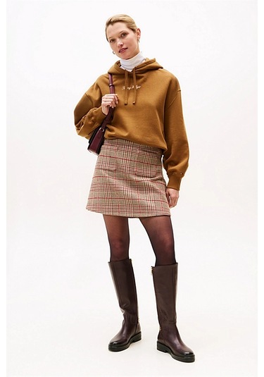 Kadın Rahat Kalıp Düşük Omuzlu Kapüşonlu Sweatshirt - Tarçın Highland Khaki