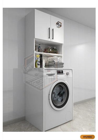 Tamamı Mdf Açık Raflı ve Kapaklı Çamaşır Makinesi Dolabı Beyaz
