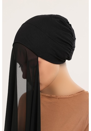 Hazır Pratik Lüks Geçmeli Lastikli Boneli Şifon Şal Siyah