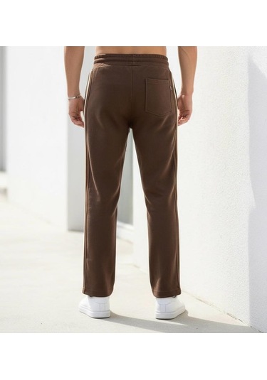 Plus Scorpion Erkek Slim Fit Eşofman Altı Yan Şeritli Pamuklu Kahverengi