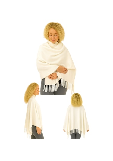 1 Adet Kadın Büyük Bedene Uygun Ekstra Yumuşak Dokulu Püskül Detaylı Kışlık Atkı Omuz Şalı Krem