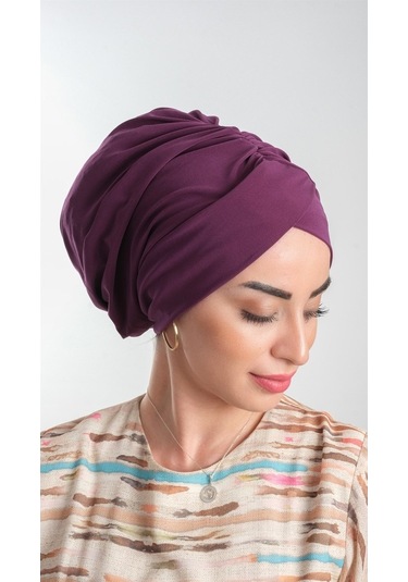 Mürdüm Pratik Hazır Geçmeli Tesettür Bone Sandy Kumaş Büzgülü 211 Mürdüm