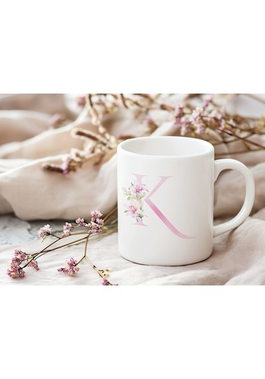 K Harfi Pembe Çiçek Desenli Kupa Bardak - Zarif Pembe Çiçek Tasarım Kahve Çay Kupası - Hediye Beyaz