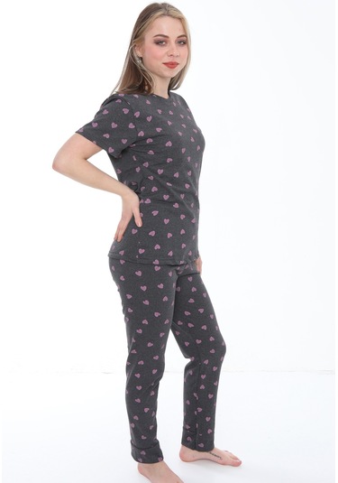 Fames Pijama Antrasit Kalp Desenli Pamuklu Yazlik Pijama Takim Antrasit