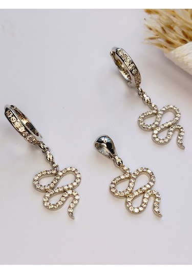 Gümüş Yılan Tasarım Kolye Ucu Küpe Kadın Set