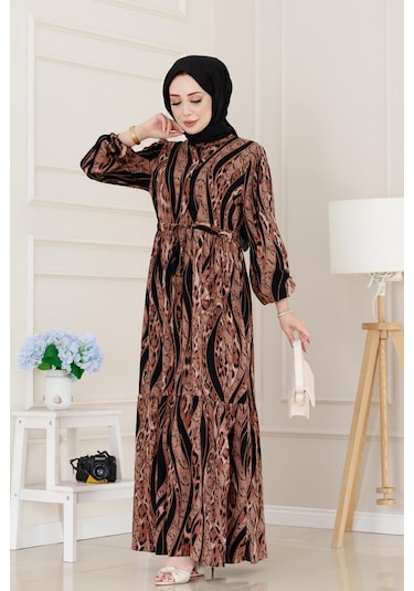 Sevitli Leopar Desenli Beli Tünelli Viscon Elbise-siyah-5086 Siyah