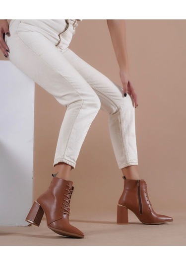 Feles Bağcıklı Kadın Topuklu Bot Taba