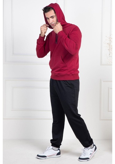 Mecit 2975 Bordo %100 Pamuk Kapüşonlu Spor Model Büyük Beden Erkek Pijama Takımı Bordo