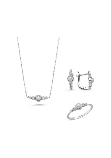 Çıtır Doğal İncili 0,45 Karat Pırlanta Küpe Kolye Yüzük Üçlü Set 10 / Sarı Gümüş