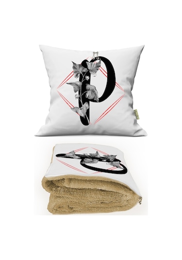 P HARFİ Baskılı Kişiye Özel Opsiyonel Battaniyeli Yastık Kırlent 2 in 1