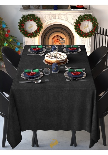 Kadife Dokulu Panter Siyahı Dertsiz Masa Örtüsü Panter Siyahı