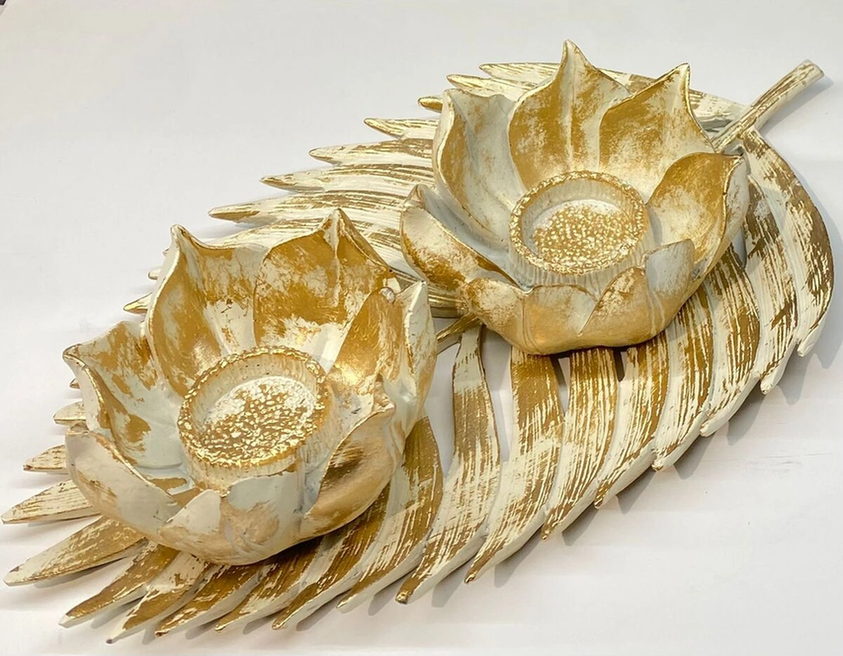 Dekoratif Polyester İkili Çınar Yaprak Mumluk Krem Gold Eskitme