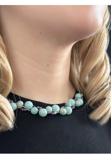 Ametist Ve Amazonit Doğal Taşlı Örgülü Çelik Kolye Sevgili Takı Koleksiyonu