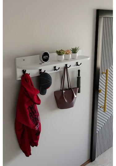 Alpa Ev Mobilya 5 Askılı Raflı Portmanto, Elbise Askılığı, Modern Duvar Organizer Askılık Beyaz